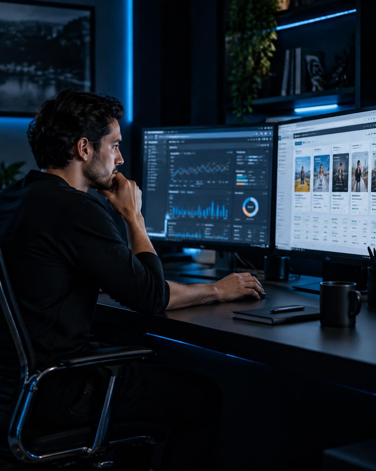 Profissional analisando campanhas de anúncios em monitores